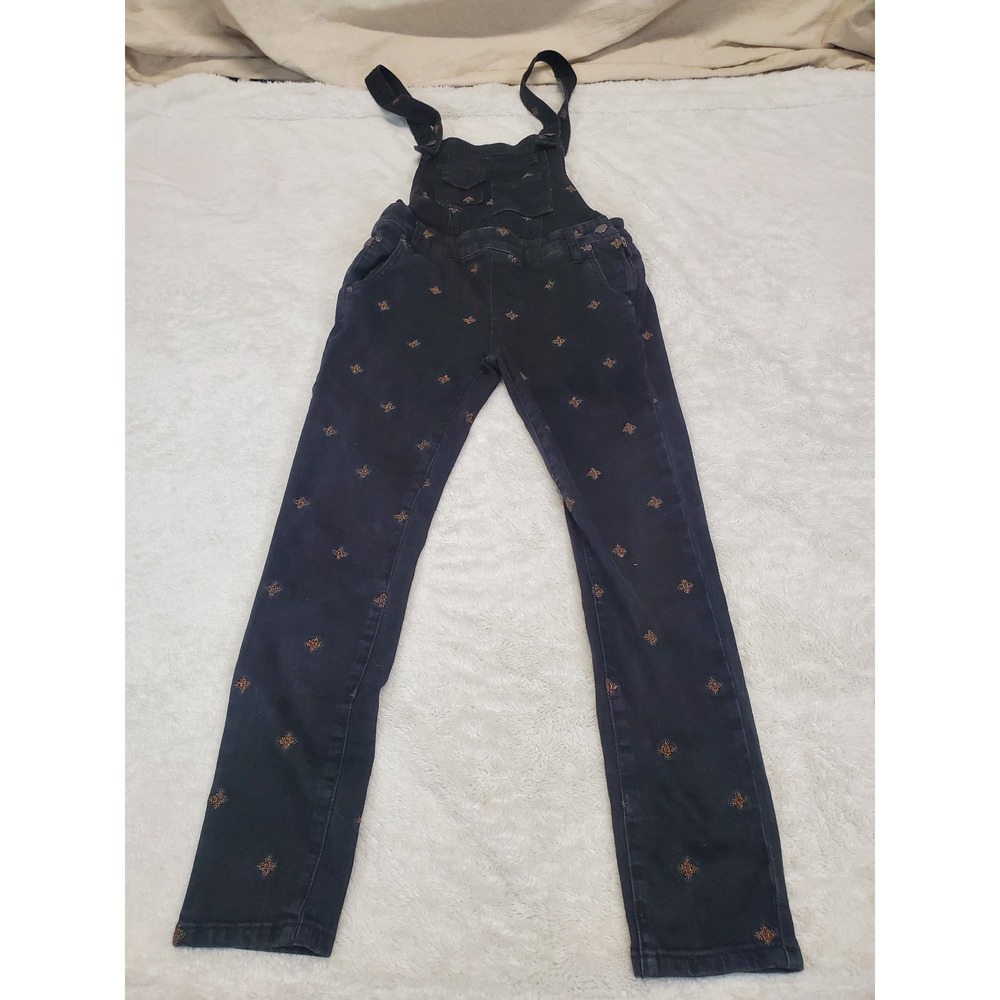 Free People Black Denim Gold Star Embroidered Skinny Overalls 25 Casual